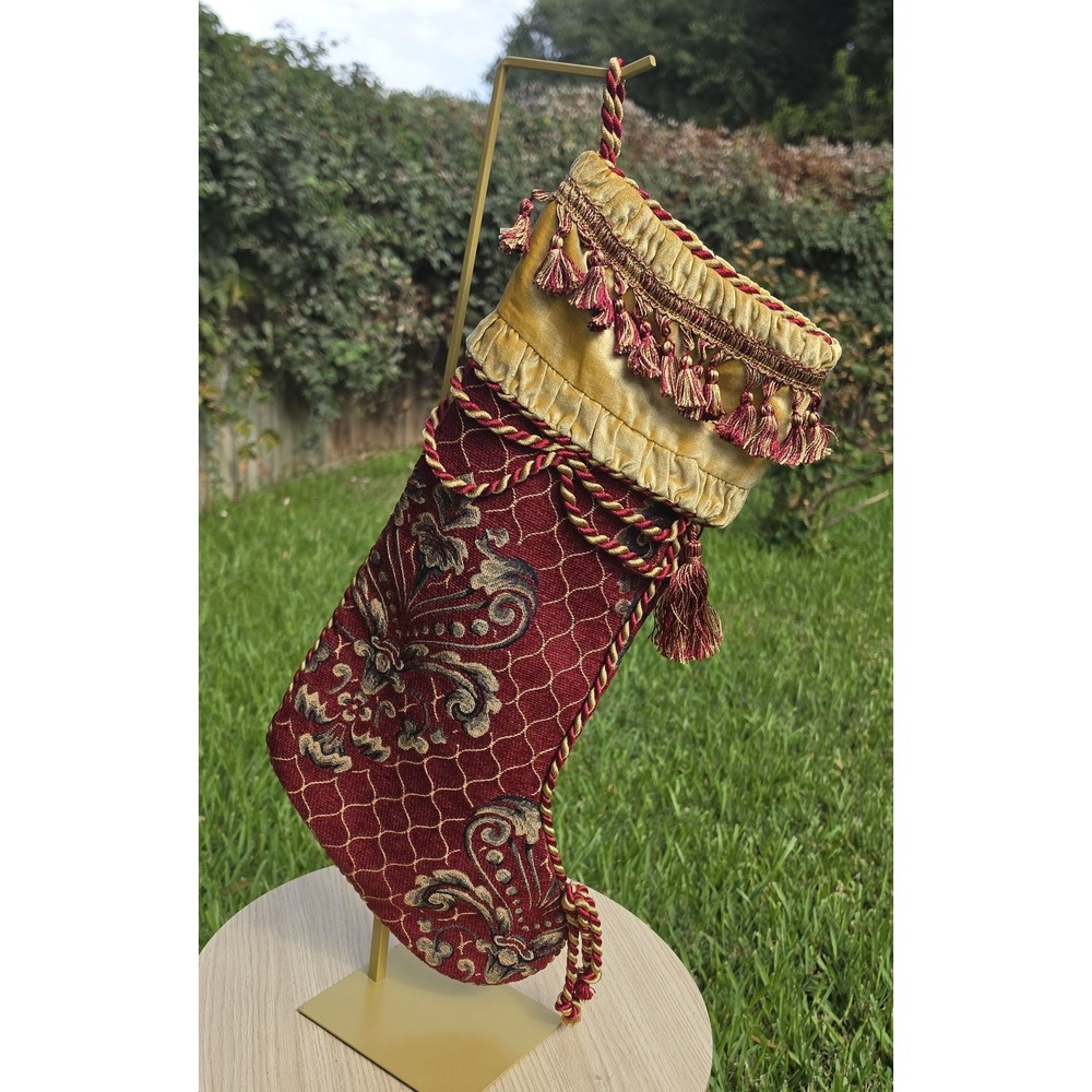 Burgundy Gold Tapestry Christmas Stocking Ornate Tassel Victorian Style